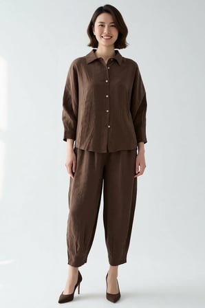 Kadın Büyük Beden Oversize Gömlek Yaka Uzun Kol Bol Paça Pantolon Takımı Rahat Kesim Günlük Modern