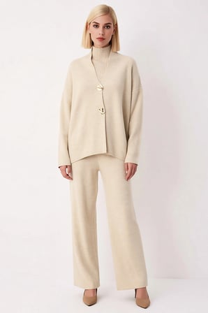 Kadın Oversize V Yaka Triko Hırka Pantolon Üç Parçalı Takım Düşük Kollu Rahat Kesim Günlük Modern