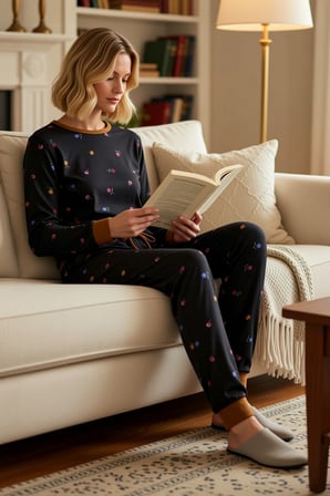 Kadın Bisiklet Yaka Standart Kol Çiçekli Örme Pijama Takımı Fonksiyonel Rahat
