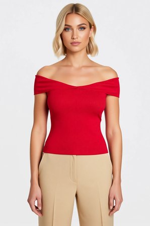 Kadın Bluz Carmen Yaka Kolsuz Fitted Kalıp İnce Triko Kumaş Düz Desen Tek Plaka Dokuma Regular Boy