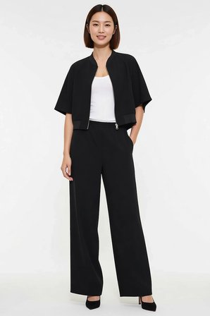 Kadın Relaxed Fit Fermuarlı Uzun Kollu Scuba Krep Cepli Bisiklet Yaka Geniş Paça Örme Takım Günlük