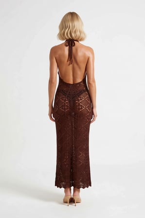 Kadın Kolsuz Halter Yaka Maxi Plaj Elbisesi Sırt Dekolteli Bodycon Triko Dokulu Astarsız Günlük