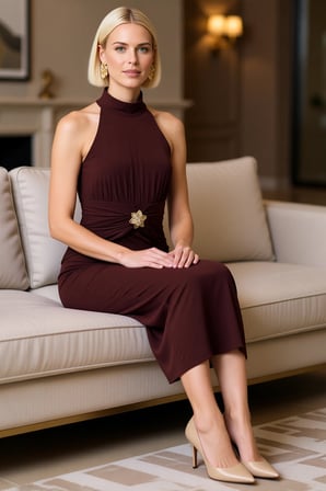 Kadın Halter Yaka Kolsuz Bodycon Midi Elbise Aksesuar Detaylı Astarlı Esnek Örme Zarif Günlük Rahat