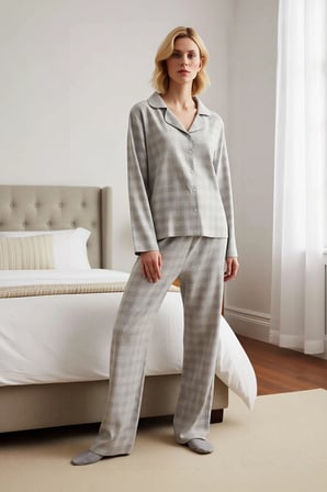 Kadın Ekose Kareli Gömlek Yaka Uzun Kol Regular Kalıp Dokuma Pijama Takımı Fonksiyonel Şık