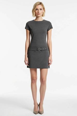 Kadın Mini Elbise Bisiklet Yaka Kısa Kollu Kemerli Bodycon Kesim Dokuma Kumaş Rahat Gündüz Gece