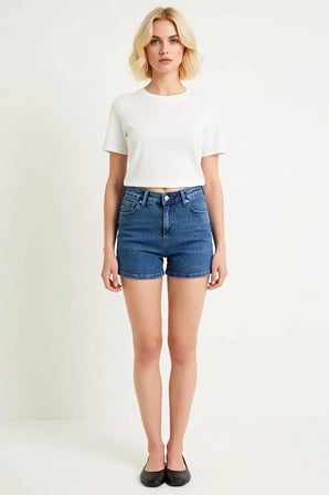 Kadın Şort Yüksek Bel Slim Kalıp Denim Düz Desen Boru Paça Ekstra Kısa Rigid Dokuma Az Esneklik