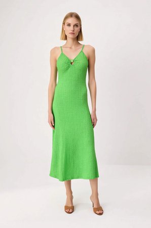 Kadın İnce Askılı V Yaka Dokulu Bodycon Maxi Elbise Astarsız Rahat Kesim Yaz Koleksiyonu Günlük