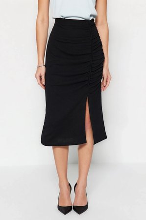 Kadın Büyük Beden Yüksek Bel Midi Etek Drape Detaylı Yırtmaçlı Krep Örme Rahat Günlük Modern Şık