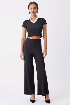 Kadın Büyük Beden Kolsuz Polo Yaka Crop Top Geniş Paça Pantolon Örme Takım Lastikli Günlük Rahat