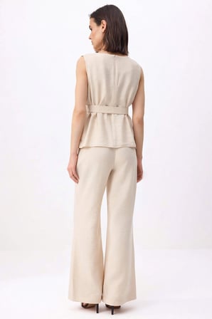 Kadın Büyük Beden Kolsuz Bisiklet Yaka Düğme Kemerli Bluz Geniş Paça Pantolon Dokuma Takım Günlük
