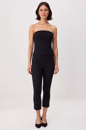 Kadın Büyük Beden Straplez Crop Bluz Kapri Pantolon Takımı %100 Pamuk Dokuma Fitted Kesim Günlük