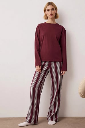 Kadın Bisiklet Yaka Uzun Kol Standart Kalıp Çizgili Örme Pijama Takımı Fonksiyonel