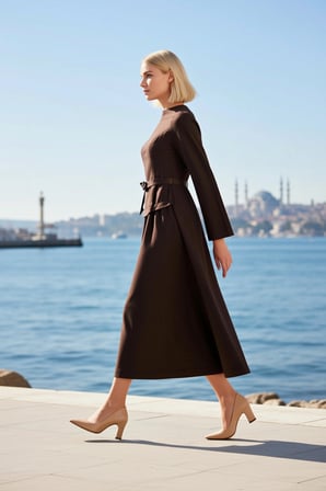Kadın Tesettür Maxi Elbise Bisiklet Yaka Uzun Kol Kemerli Skater Kesim Terrycotton Dokuma Günlük