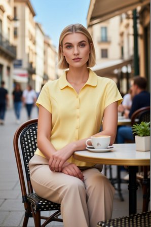 Kadın Örme Bluz Bebe Yaka Kısa Kol Düğmeli Esnek Düz Desen Vücuda Oturan Tam Düğme Kapamalı Penye
