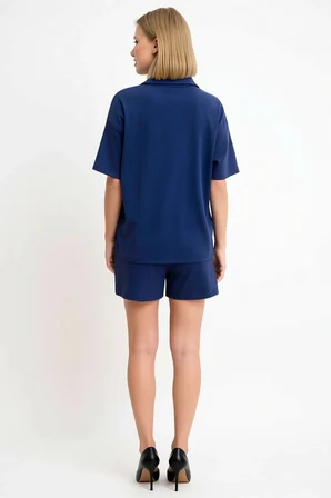 Kadın Büyük Beden Polo Yaka Kısa Kollu Oversize Ribana Örme Şort Takım Cepli Rahat Günlük Modern