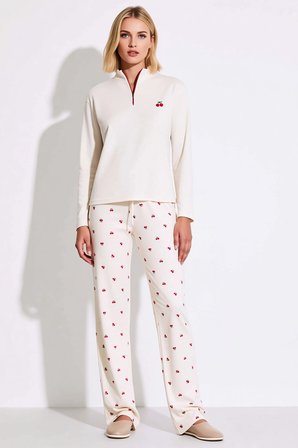 Kadın Dik Yaka Düşük Kol Fermuarlı Waffle Örme Ekose Desenli Pijama Takımı Fonksiyonel Şık