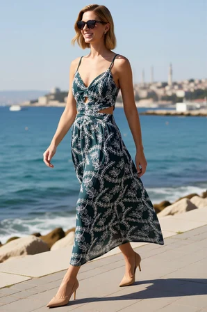 Kadın Askılı V Yaka Brode İşlemeli Maxi Slip Elbise %100 Pamuk Dokuma Astarlı Günlük Rahat Modern