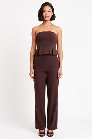Kadın Büyük Beden Straplez Peplum Bluz Düz Paça Pantolon Takımı Poplin Dokuma Günlük Rahat Modern
