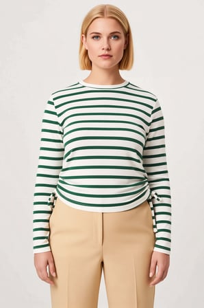 Kadın Büyük Beden Bluz Bisiklet Yaka Uzun Kol Örme Çizgili Fitted Büzgü Detaylı Crop Boy Süprem