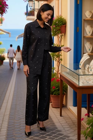 Kadın Büyük Beden İncili Detaylı Gömlek Yaka Uzun Kol Bol Paça Poplin Takım Beli Ayarlanabilir Rahat