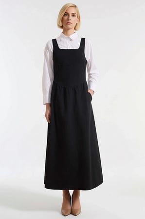 Kadın Elbise Maxi Jile Kare Yaka Kolsuz Skater Kalıp Düz Desen Dokuma Gabardin Rahat