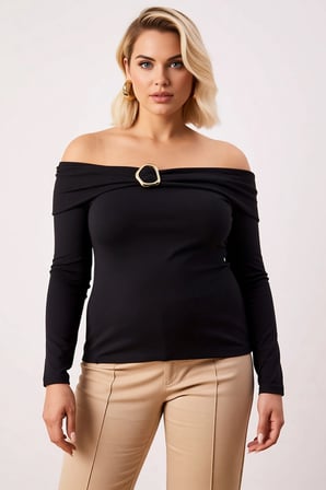 Kadın Büyük Beden Bluz Carmen Yaka Standart Uzun Kol Düz Desen Ribana Örme Kumaş Regular