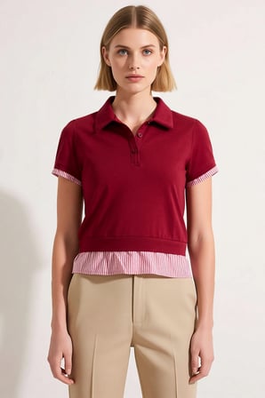 Kadın Bluz Regular Kalıp Polo Yaka Kısa Kol Örme Kumaş Dokuma Katmanlı Crop Boy Spor