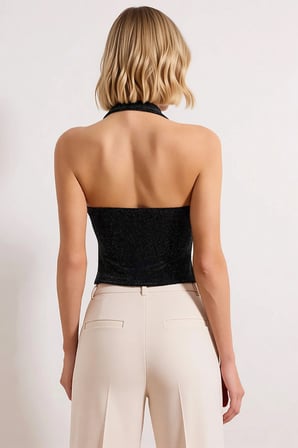 Kadın Örme Bluz Halter Yaka Kare Kesim Kalın Askılı Fitted Kolsuz Aksesuarlı Düz Dayanıklı