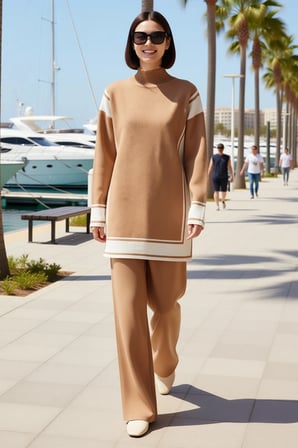 Kadın Büyük Beden Oversize Triko Tunik Pantolon Takımı Renk Bloklu Çizgili Dik Yaka Uzun Kol Günlük