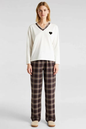 Kadın V Yaka Düşük Kol Uzun Kollu Regular Kalıp Ekose Desenli Pijama Takımı Şık %100 Pamuk