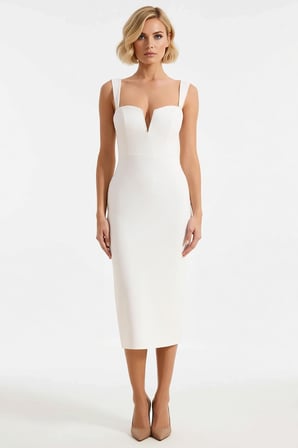 Kadın Bodycon Midi Elbise V Yaka Askılı Dokuma Finike Astarsız Düz Desenli Yapısal Tasarım