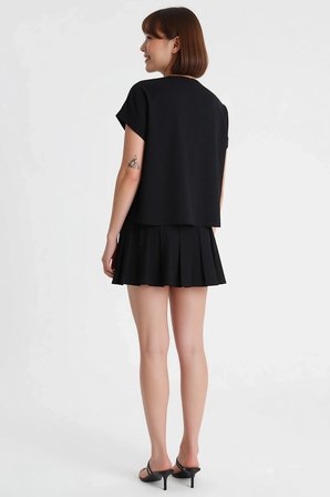 Kadın Keten Bluz Etek Takımı V Yaka Reglan Kol Mini Dokuma Rahat Günlük Kombinli Set Modern Şık