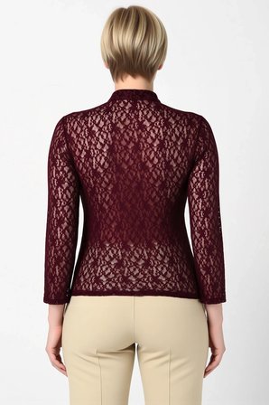 Kadın Büyük Beden Bluz Crop Dik Yaka Düğme Detaylı Uzun Kol Dantel Desenli Örme Kumaş Fitted Kalıp