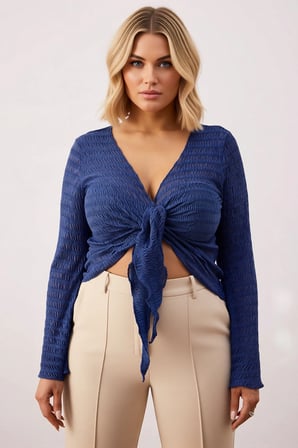 Kadın Büyük Beden Bluz Crop Boy V Yaka Uzun Standart Kol Örme Gofre Dokulu Kumaş Casual Günlük