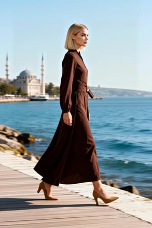 Kadın Maxi Elbise Yaka Uzun Kol Dokuma Görünümlü Skater Kesim Düz Desen Astarsız Günlük