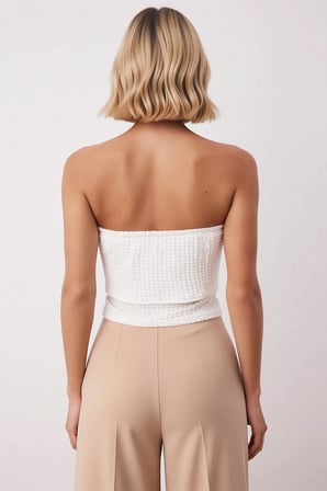 Kadın Bluz Crop Carmen Yaka Kolsuz Fitted Kalıp Gofre Dokulu Örme Kumaş Renk Yazlık Model Şık