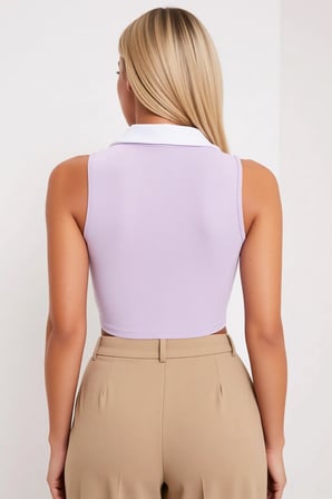 Kadın Bluz Spor Crop Polo Yaka Kolsuz Dalgıç Scuba Örme Kumaş Regular Kalıp Düz Desen Kısa Kesim