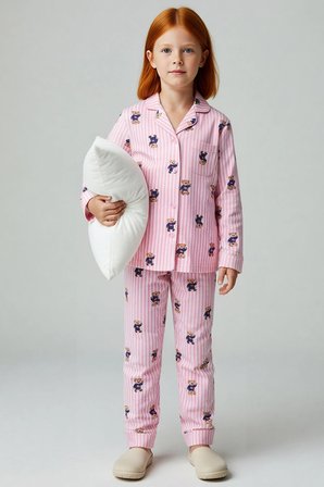 Kız Çocuk Gömlek Yaka Standart Kol Regular Kalıp Örme Çizgili Pijama Takımı