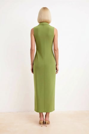 Kadın Gömlek Yaka Kolsuz Maxi Elbise Düğmeli Bodycon Kesim Esnek Örme Kumaş L Beden Günlük Rahat