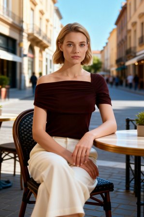 Kadın Bluz Slim Fit Asimetrik Yaka Tek Kısa Kol Örme Kumaş Büzgülü Drape Detaylı Düz Desen
