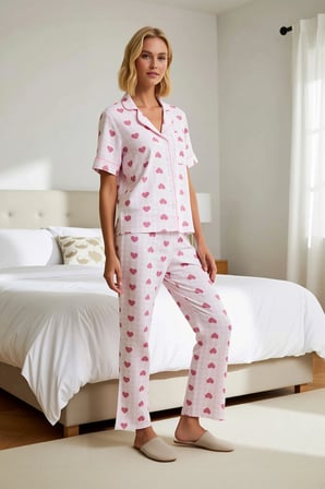 Kadın Müslin Dokuma Gömlek Yaka Kısa Kol Kalp Desenli Pijama Takımı Fonksiyonel %100 Pamuk