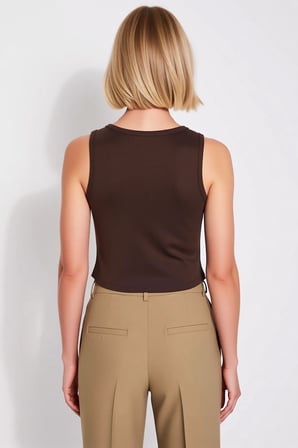 Kadın Bluz V Yaka Kolsuz Fitted Vücuda Oturan İnterlok Örme Önden Düğmeli Crop Düz Desen Şık