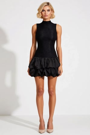 Kadın Etek Bodycon Mini Elbise Dik Yaka Kolsuz Dantel Örme Balon Detaylı Astarlı Kısa Boy Şık
