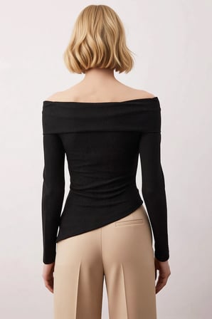 Kadın Bluz Carmen Yaka Uzun Kol Fitted Kalıp Vücuda Oturan Örme Kaşkorse Asimetrik Kesim Düz Desen