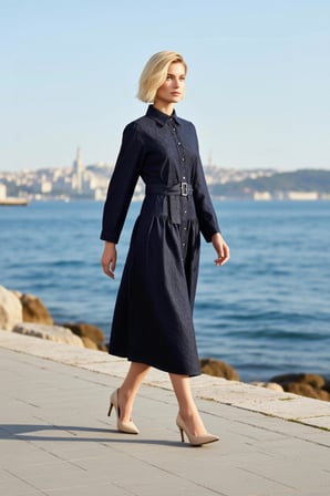 Kadın Maxi Elbise Yaka Uzun Standart Kol Dökümlü Kemerli Denim Rigid Dokuma Düz