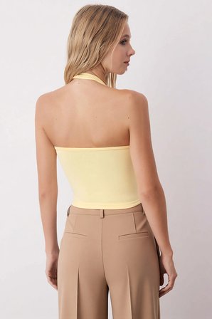 Kadın Bluz Boyundan Geçmeli Yaka Kolsuz Crop Kesim Vücuda Oturan Fitted Kalıp Örme Kumaş Düz Desen