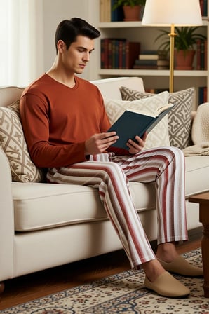 Erkek Regular Çizgili V Yaka Uzun Kol Örme Pijama Takımı Fonksiyonel Şık