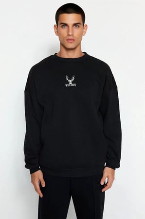Erkek Bisiklet Yaka Standart Kol Oversize Kalıp Hayvan Desenli Sweatshirt Fonksiyonel Spor