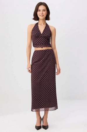 Kadın Büyük Beden Puantiyeli Boyundan Bağlamalı Kolsuz Tül Örme Crop Top Etek Takım Günlük Rahat