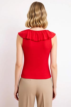 Kadın Bluz V Yaka Kolsuz Volanlı Fırfırlı Fitted Kesim Yumuşak Örme Ribana Düz Desenli